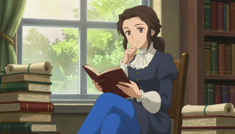 Visual representation of "bluestocking" - An educated woman who enjoys studying and reading.