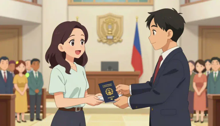 Visual representation of "naturalization" - The process by which a foreign person becomes a citizen of a new country.