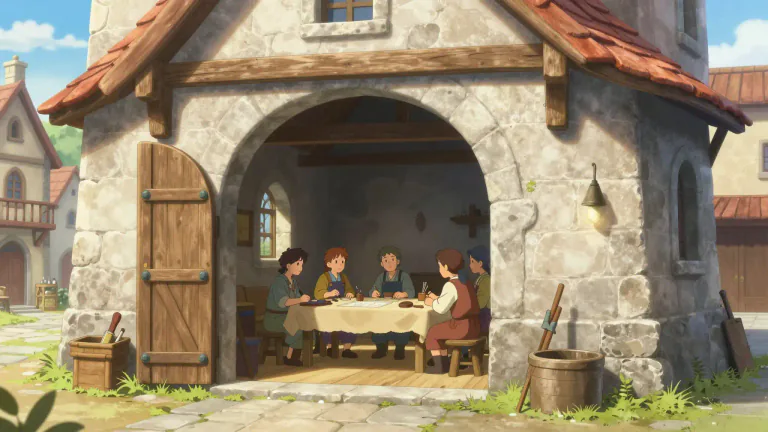 Visual representation of "guildhall" - A building where a guild, a group of people who have the same job or interest, meets