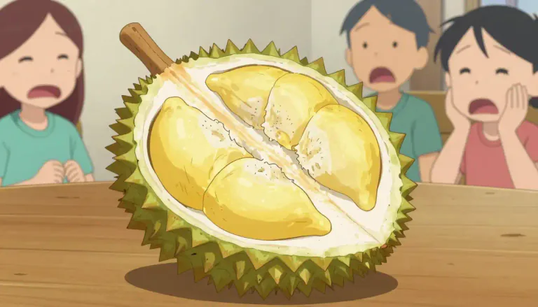 Visual representation of "durian" - A type of fruit from Southeast Asia. It has a very strong smell and a hard shell with sharp spikes. Some people love it, others hate it.