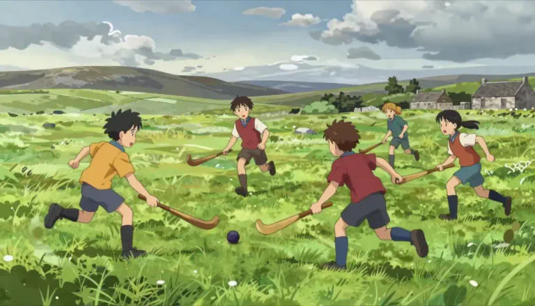 Visual representation of "shinty" - A Scottish outdoor game similar to field hockey, usually played with a ball and sticks