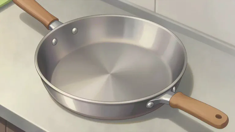 Visual representation of "pan" - A shallow, usually round, dish used for cooking or baking, mostly in the kitchen.
