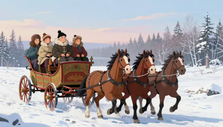 Visual representation of "troika" - A traditional Russian carriage drawn by three horses.
