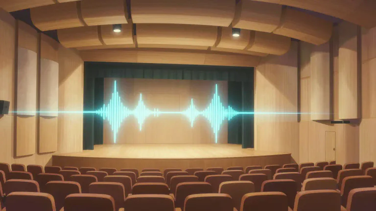 Visual representation of "acoustically" - In a way that relates to sound or the study of sound.