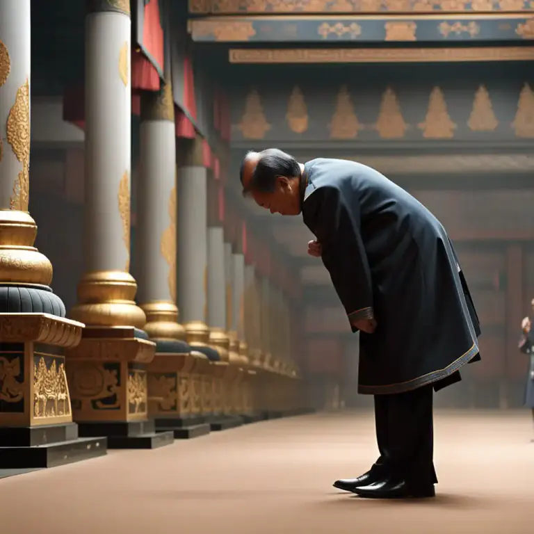Visual representation of "kowtow" - To bow deeply, with the forehead touching the ground. It is a traditional Chinese act of respect.