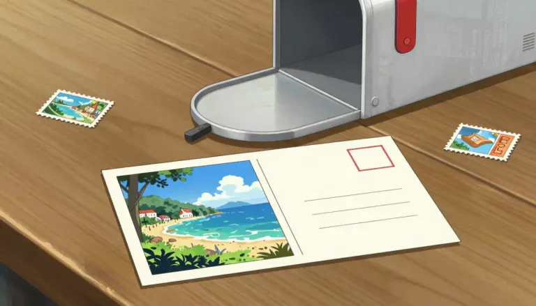 Visual representation of "postcard" - A small card sent by mail without an envelope, typically with a picture on one side and a place to write a short message on the other