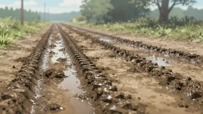 Visual representation of "rut" - A long deep track made by repeated travel by a vehicle.