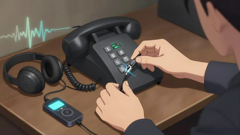 Visual representation of "wiretap" - A device or method used for listening to telephone conversations through unauthorized means.