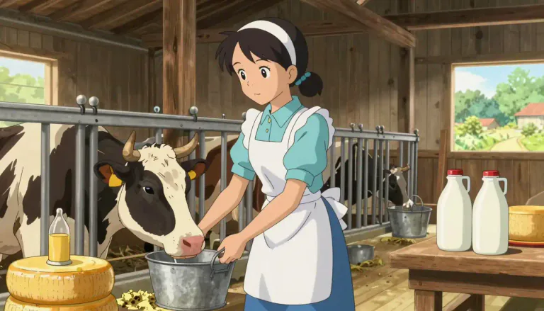 Visual representation of "dairymaid" - A woman or girl who works in a dairy, caring for the cows and making, butter, and cheese.
