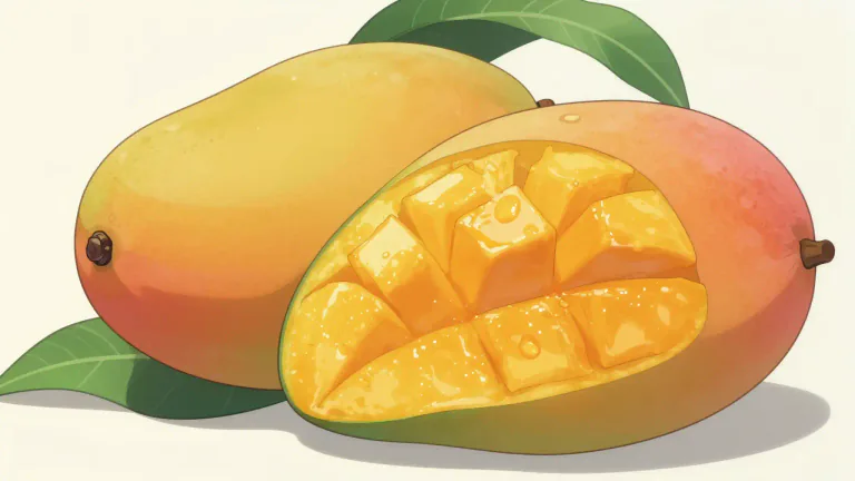 Visual representation of "mango" - A fruit with yellow-orange skin and sweet flesh inside, origin from a tropical tree.