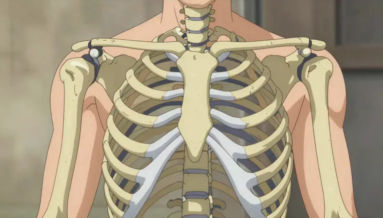 Visual representation of "breastbone" - The long, flat bone in the center of the chest that connects the ribs.