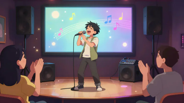 Visual representation of "karaoke" - A type of entertainment where people sing popular songs into a microphone over prerecorded backing tracks.