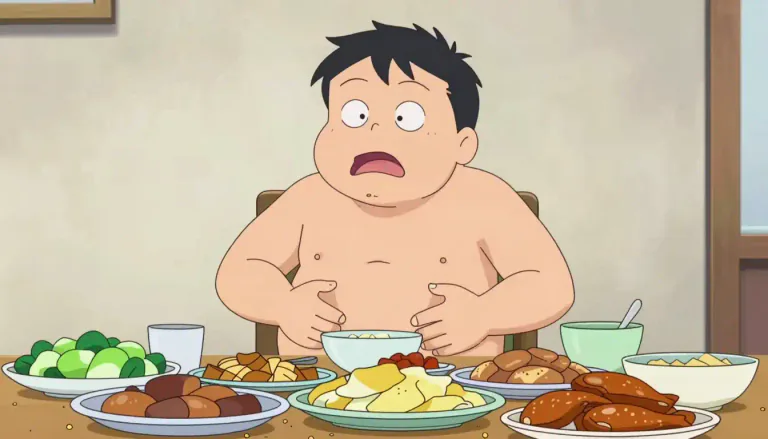 Visual representation of "overeat" - To eat too much food, more than you need or should eat