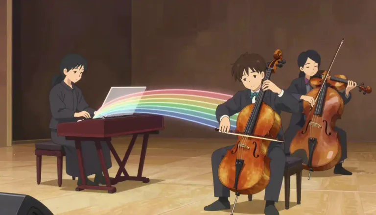 Visual representation of "continuo" - In music, 'continuo' is part of a musical composition that gives the harmonic structure. It is played by instruments like the harpsichord or cello.