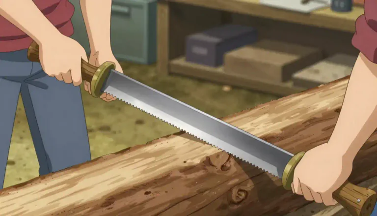 Visual representation of "whipsaw" - A kind of saw used in woodworking with a narrow blade and handles at both ends.