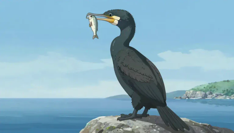 Visual representation of "cormorant" - A large and mostly dark-colored bird that eats fish and lives near the sea or a lake.
