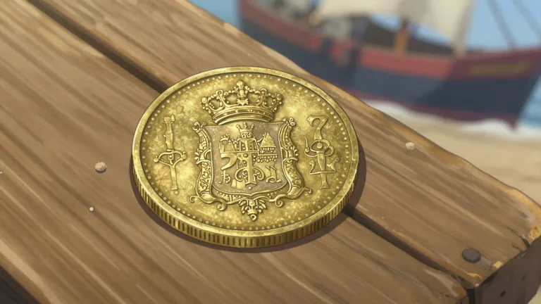 Visual representation of "doubloon" - A gold coin that was used in Spain and Spanish America in the past.
