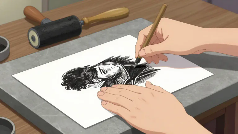 Visual representation of "lithograph" - A picture made by printing from a flat surface prepared so that the ink will only stick to the design.