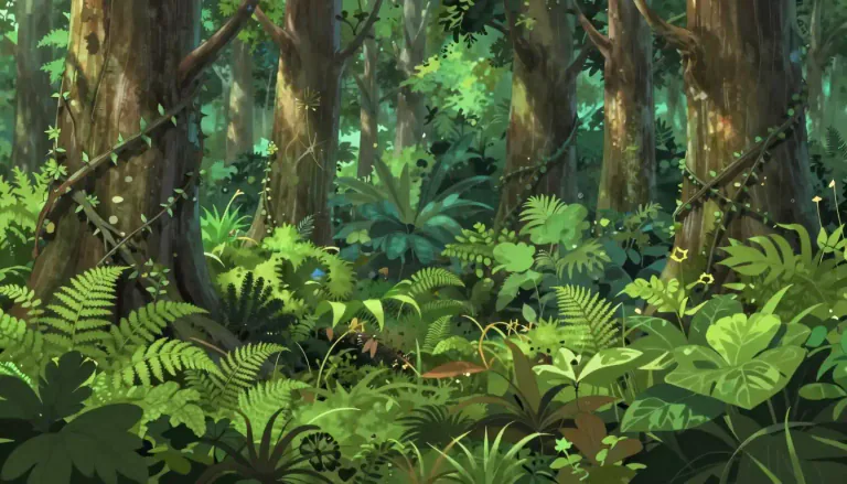 Visual representation of "undergrowth" - A mixture of small plants, bushes, and trees that grows under taller trees in a forest or jungle.