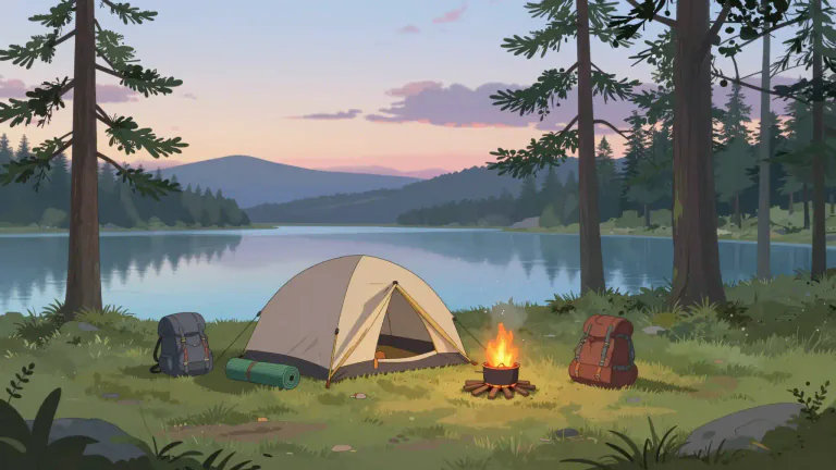 Visual representation of "encamp" - To set up a camp, or to live temporarily in a camping area.
