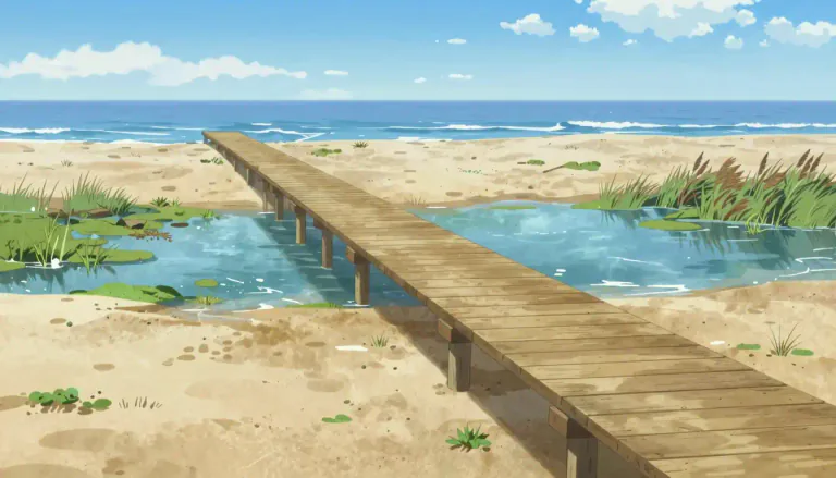 Visual representation of "boardwalk" - A raised path, made of wooden planks, that is usually built next to a beach or wetland