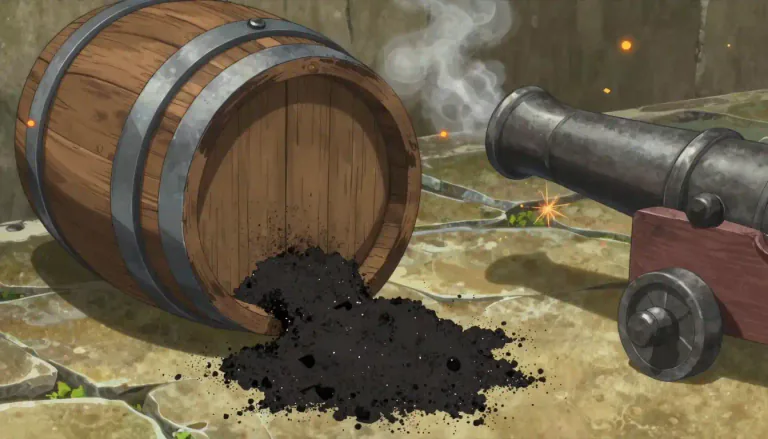 Visual representation of "gunpowder" - A black powder used as propellant in firearms and fireworks.