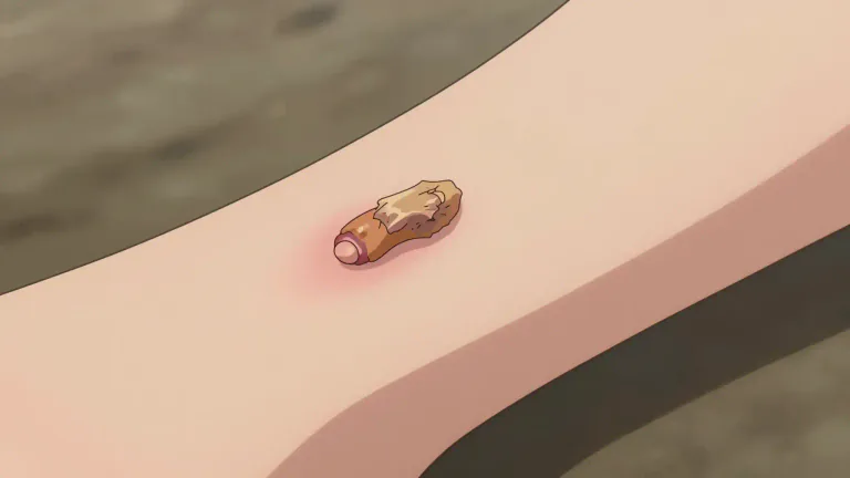 Visual representation of "scab" - A dry, rough protective crust that forms over a cut or wound during healing.