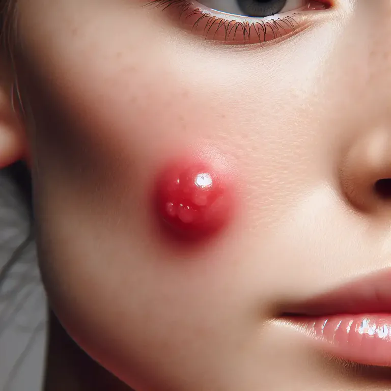 Visual representation of "pustule" - A small, raised, red or white area on the skin that contains pus.