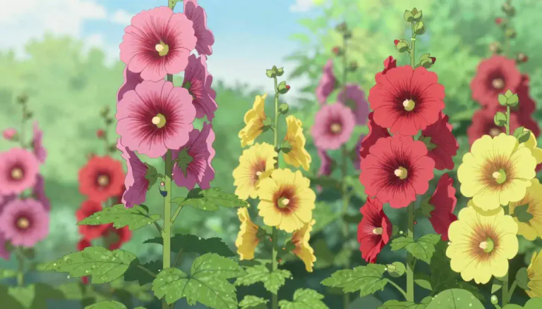 Visual representation of "hollyhock" - A type of garden plant with tall spikes of brightly colored flowers.
