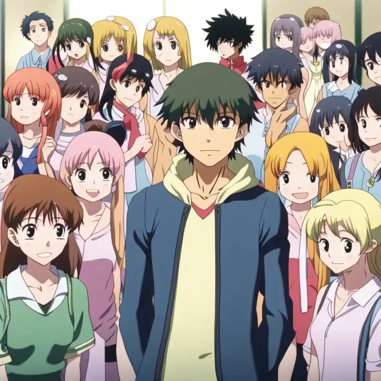 Visual representation of "harem" - In anime and manga, a genre where the male protagonist is surrounded by multiple female characters who are all attracted to him.