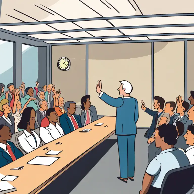 Visual representation of "call somebody/something to order" - To ask for quiet attention or order, especially in a meeting or a court.