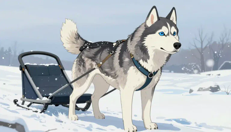 Visual representation of "husky" - A type of dog that is large and strong, often used for pulling sleds in snowy areas.