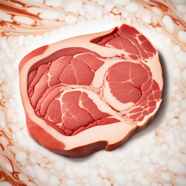 Visual representation of "marbled" - In cooking, of meat, having fat mixed in with the muscle in way that looks like marble.