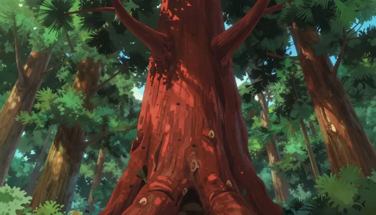 Visual representation of "redwood" - A kind of tree that is very tall and has deep red wood.