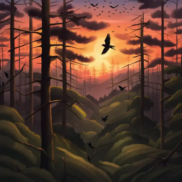 Visual representation of "evensong" - The period of time in the evening when the sun is setting and day transitions into night.