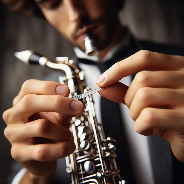 Visual representation of "ligature" - A metal band used to attach a reed to the mouthpiece of a clarinet or saxophone.