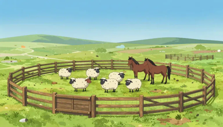 Visual representation of "corral" - A place outdoors enclosed by fence or netting, often used to keep animals like horses or cows.