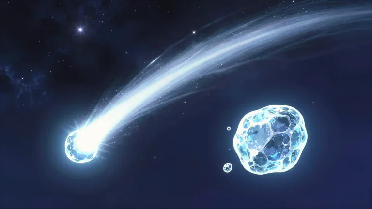 Visual representation of "comet" - A heavenly body or ball of ice and rock that moves in space and often has a tail of light.