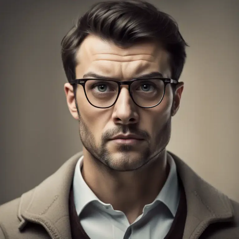 Visual representation of "owlish" - Depicting someone with a narrowed or staring expression, similar to that of an owl.