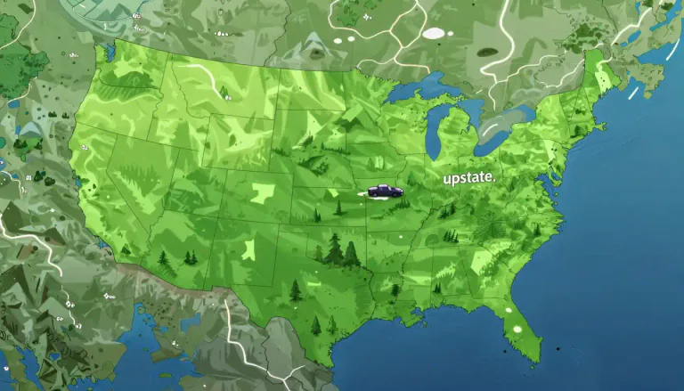 Visual representation of "upstate" - Towards or in the northern parts of a state, especially New York.