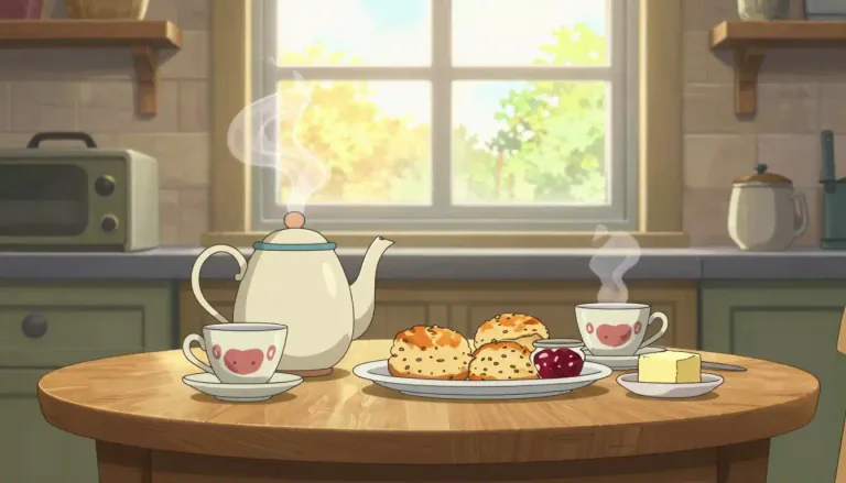 Visual representation of "teatime" - The time in the late afternoon or early evening that is generally associated with having tea and snacks.