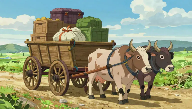Visual representation of "wagon" - A vehicle with four wheels, usually pulled by horses or oxen, used for transporting heavy goods.