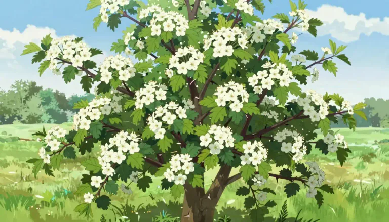 Visual representation of "hawthorn" - A type of tree or shrub that has thorns and bright white flowers in the spring.