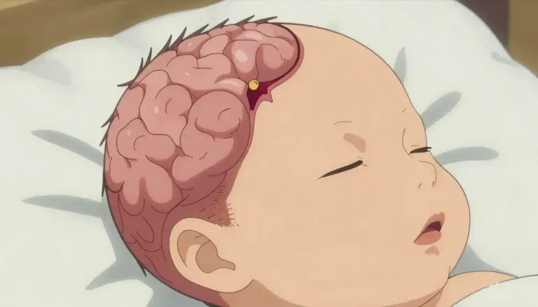 Visual representation of "encephalocele" - Encephalocele is a type of birth defect where part of the brain sticks out through a hole in the skull. This can happen during the development of a baby before birth.