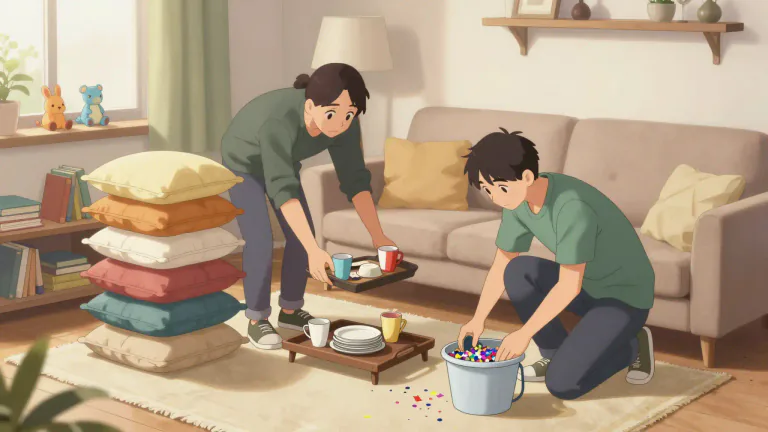 Visual representation of "tidy up" - To make a place look neat and organized by putting things in their proper places