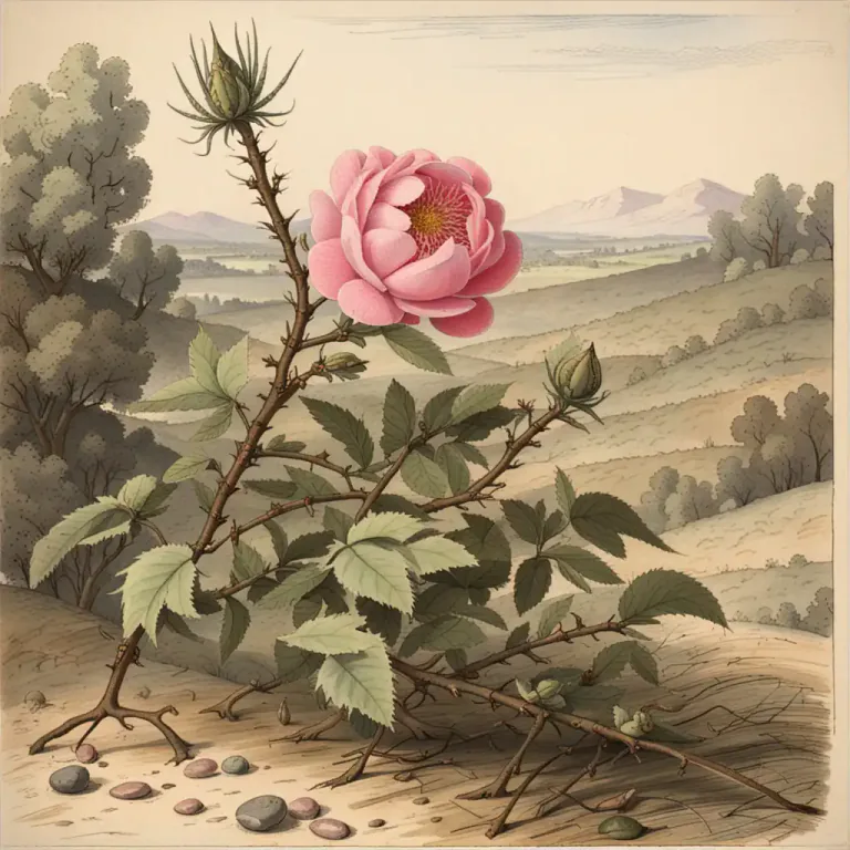 Visual representation of "eglantine" - A type of shrub from the rose family that usually has thorns.
