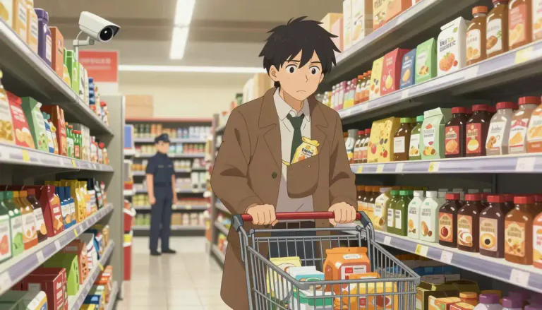 Visual representation of "shoplift" - To steal goods from a shop or store while pretending to be a customer