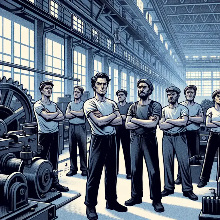 Visual representation of "stoppage" - A strike by workers, causing a halt to work