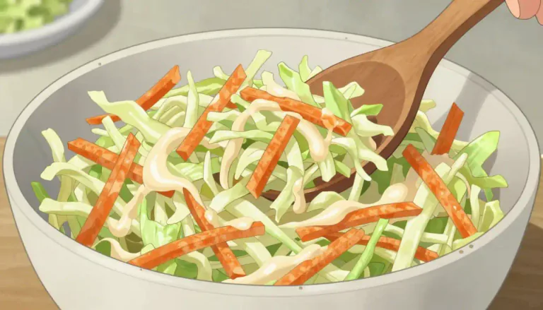 Visual representation of "coleslaw" - A salad made from shredded raw cabbage and sometimes carrots, mixed with mayonnaise.