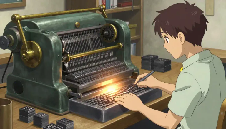 Visual representation of "linotype" - A machine used for producing metal type for printing by composing lines of type.